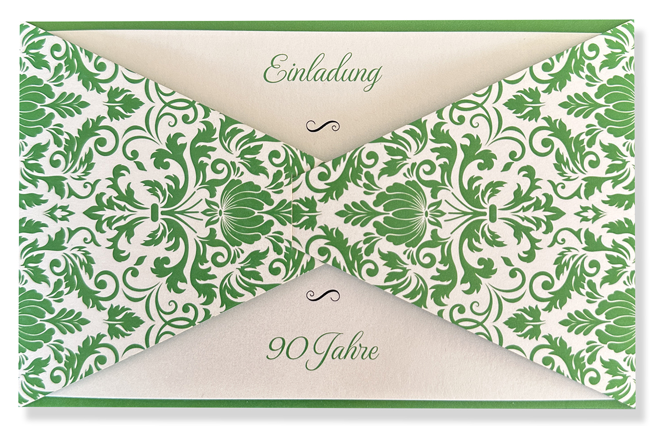 Einladungskarte im festlichen Design zum 90. Geburtstag in creme/grün metallic mit Ornamenten