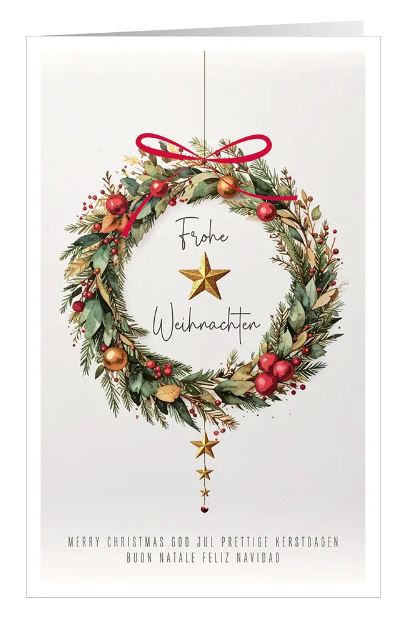 Klassische Weihnachtskarte "Beerenzauber" mit internationalen Weihnachtsgrüßen und floralem Kranz