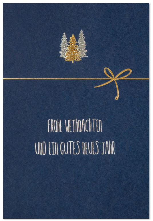 Edle Weihnachtskarte in blau "Zeitlose Eleganz" mit Tannenbäumen und Weihnachtsgruß in Gold- und Silberprägung