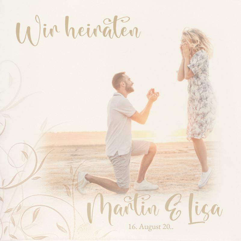 Quadratische Einladungskarte mit floralem Ornament auf Kunststoff-Transparent und cremeweißer Karte mit eigenem Foto