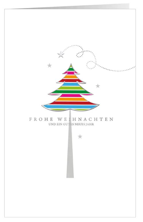 Foliengeprägte Weihnachtskarte "Farbexplosion" mit Weihnachtsgruß und Tannenbaum in bunten Farben