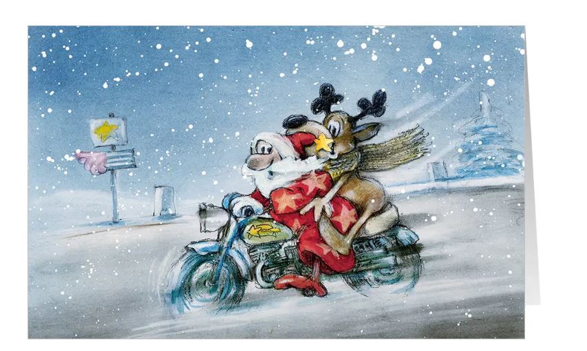 Humorvolle Branchenweihnachtskarte "Christmas Tour" für Motorradhändler, Biker-Club, Fahrschule, Zweiradhandel