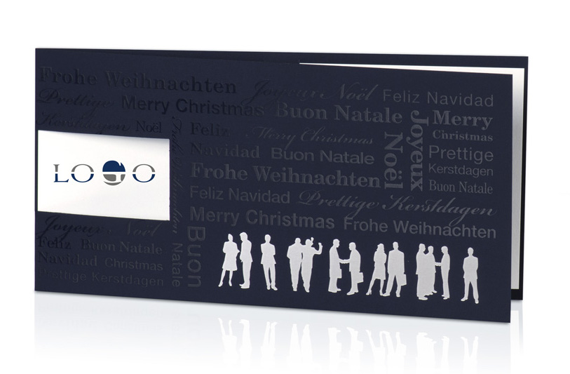 Weihnachtskarte nachtblau mit Fensterausschnitt für Logoeindruck