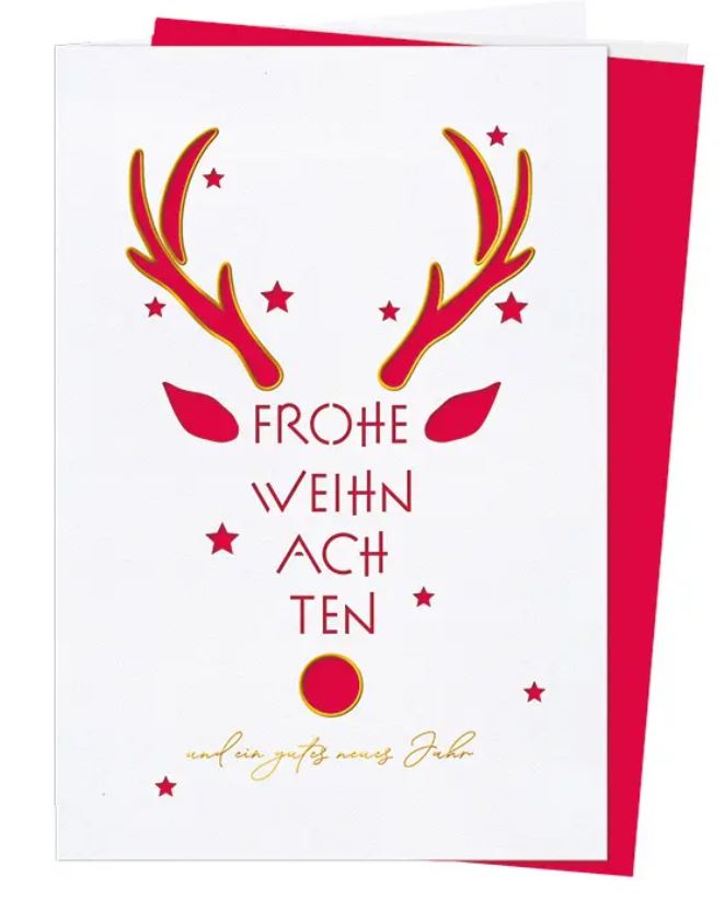 Weiße Weihnachtskarte "Festliche Grüße" mit Laserstanzung und Goldfolienprägung, Einlegeblatt rot