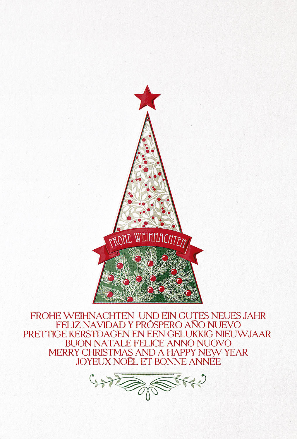 Weihnachtskarte weiß mit Weihnachtsbaum und internationalen Wünschen