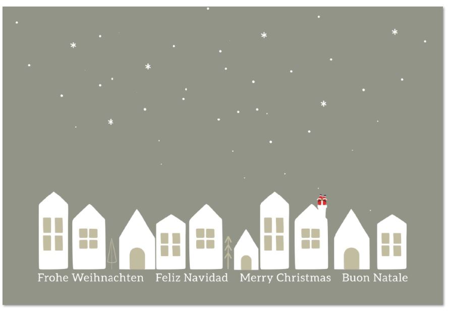 Originelle Weihnachtskarte "Santa steckt fest" mit internationalen Weihnachtsgrüßen und weißer Häuser-Silhouette