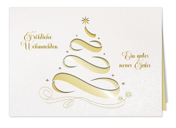 Festtagskarte weiß "Zaubertanne" mit Laserstanzung und Goldfolienprägung inkl. Falteinlegeblatt gold
