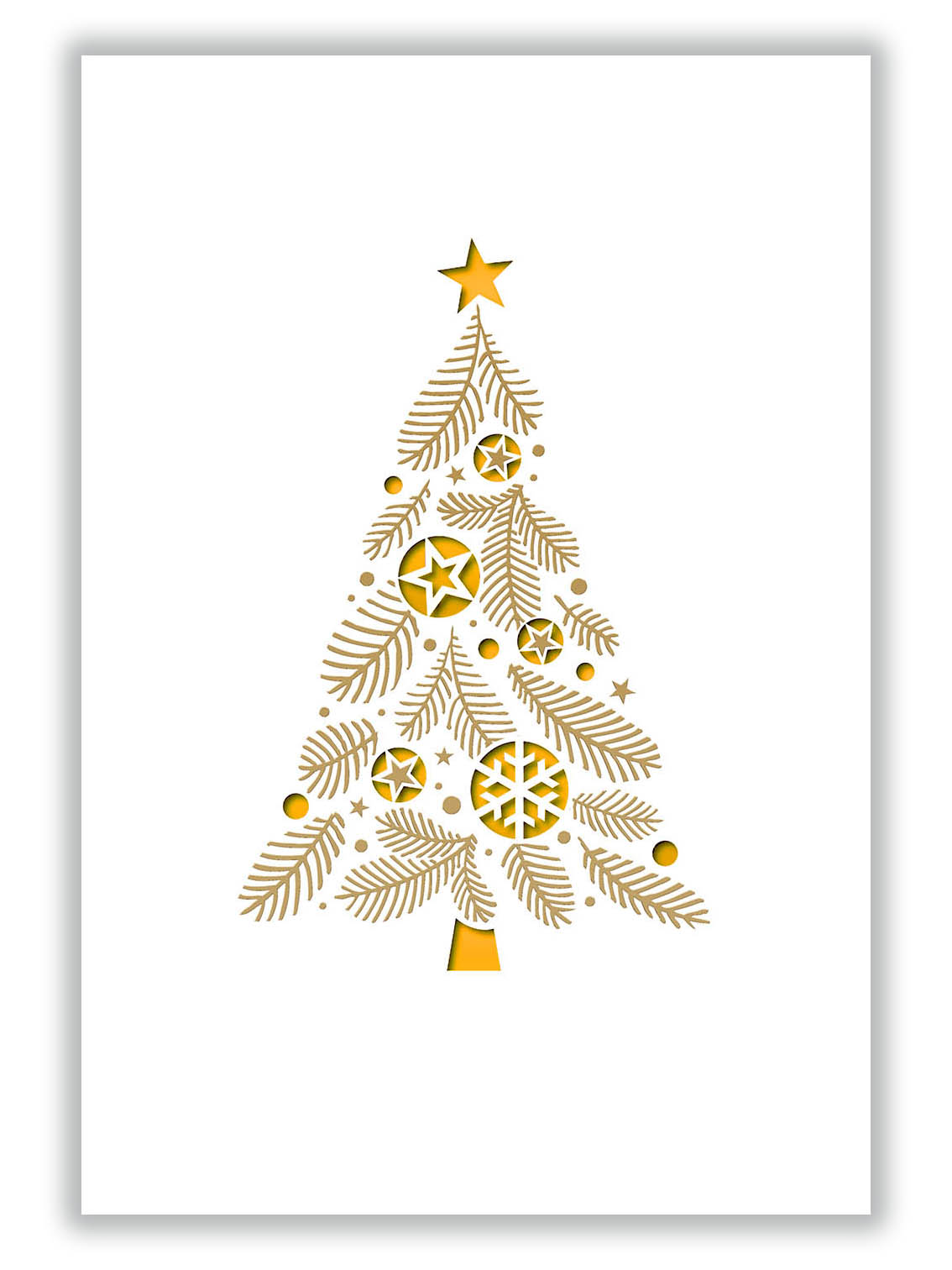 Weiße Weihnachtskarte im Hochformat, mit Stanzung von Baumkugeln, Goldfolienprägung und gelbem Falteinleger