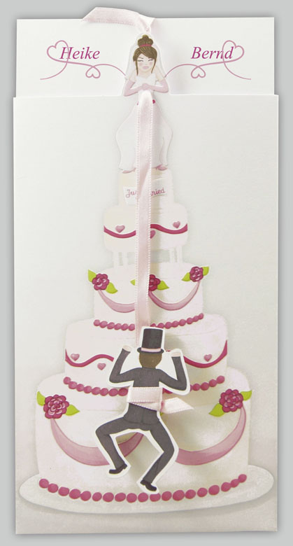 Hochzeitskarte mit Brautpaar und Hochzeitstorte