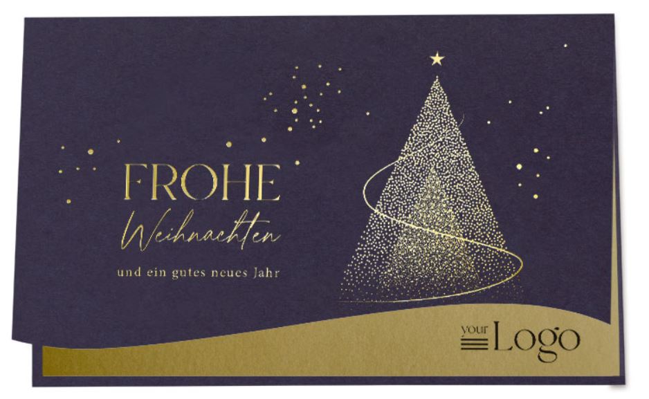 Firmen-Logo Weihnachtskarte in dunkelblau mit Goldfolienprägung von Baum und Weihnachtsgruß, inkl. Einleger