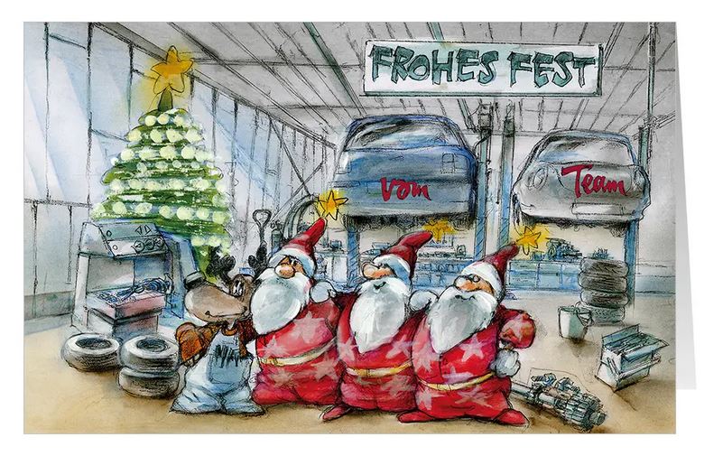 Branchen-Weihnachtskarte "Festlicher Boxenstopp" mit Teamgruß für KFZ-Werkstatt, Autoreparatur, Reifenservice