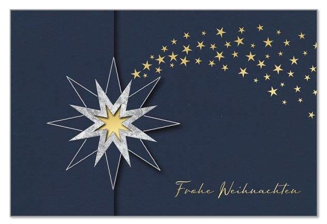 Elegante Weihnachtskarte in Blau "Sternengruß" mit Formstanzung sowie Gold- und Silberfolienprägung, inkl. Einlegeblatt