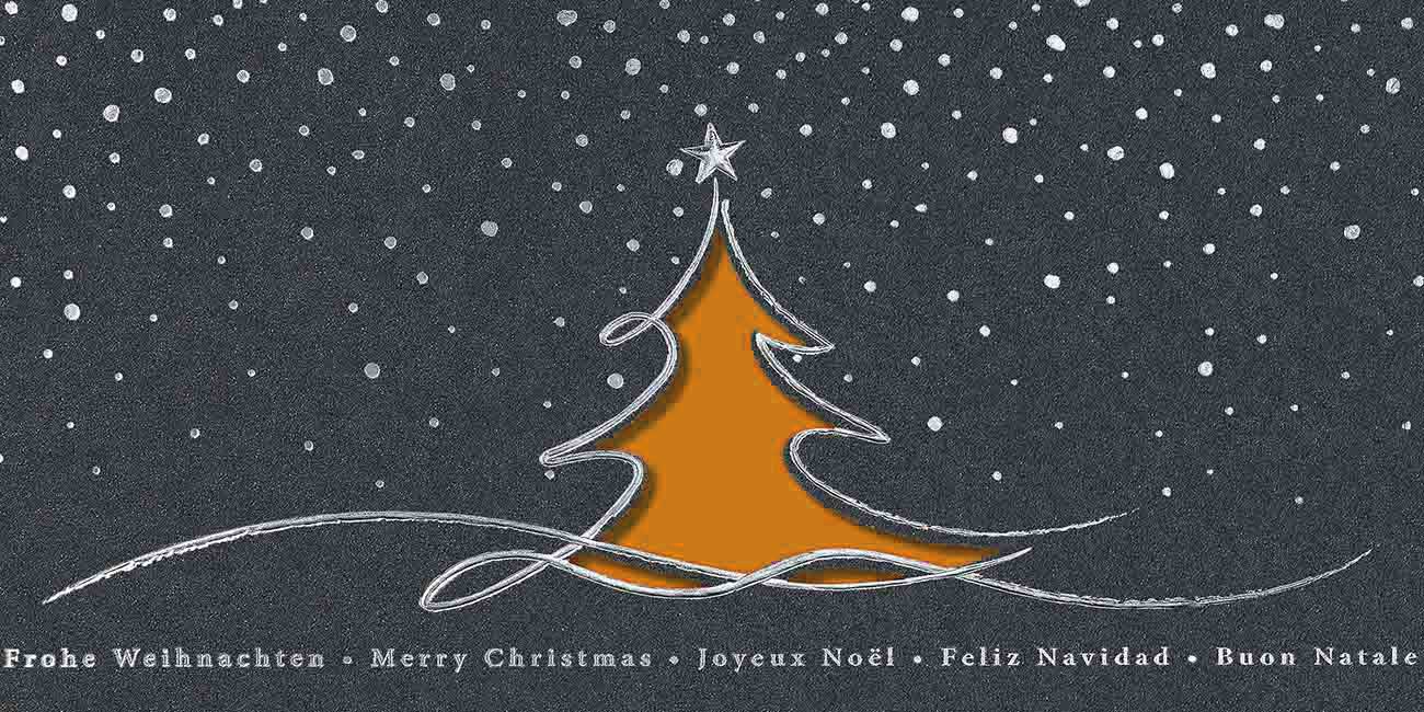 Internationale Weihnachtskarte mit Stanzung in anthrazit mit orangenem Falteinlegeblatt