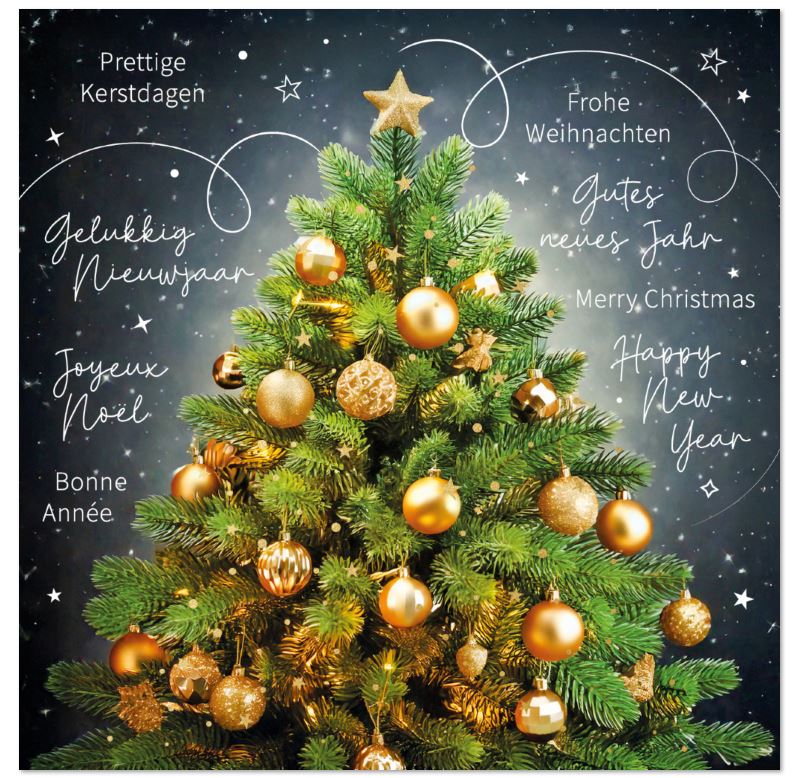 Internationale Weihnachtskarte "Festlicher Christbaumglanz" als quadratische Klappkarte im klassischen Stil