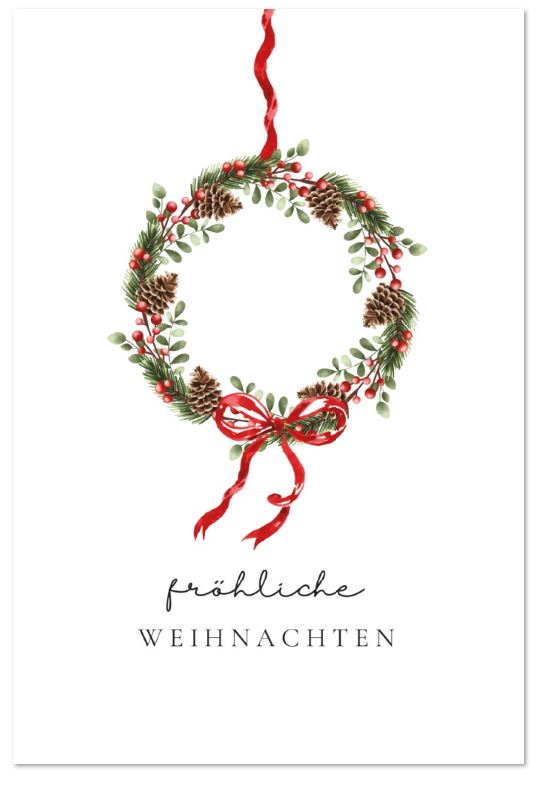 Weiße Weihnachtskarte "Klassischer Weihnachtskranz" mit festlichem Gruß Fröhliche Weihnachten