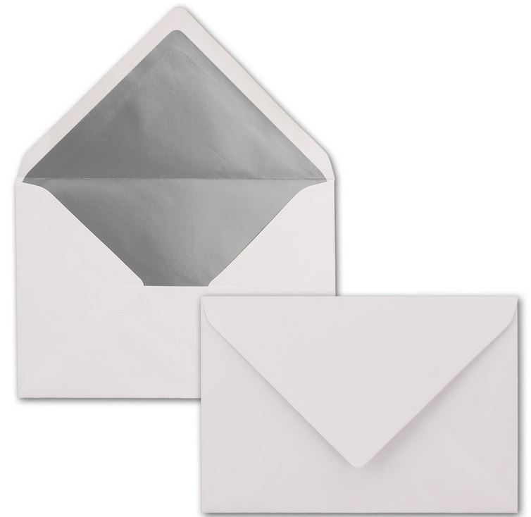 Briefumschlag DIN C6, 16,2 x 11,4 cm, nassklebend, 120g, weiß mit silbernem Innenfutter