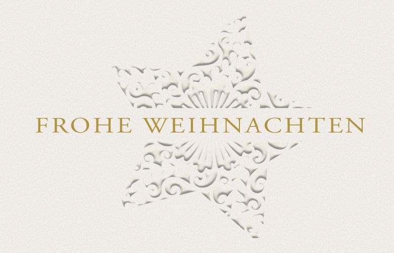 Weiße Weihnachtskarte im eleganten Design mit kunstvollem Ornamentstern in fühlbarer Blindprägung und "Frohe Weihnachten"