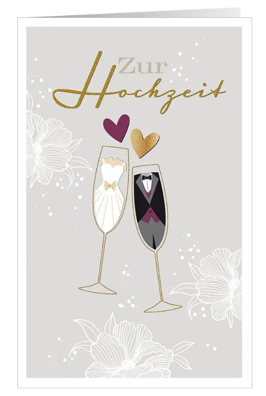 Hochzeits-Glückwunschkarte "Auf die Liebe..." als Klappkarte mit zwei Herzen und Sektgläsern