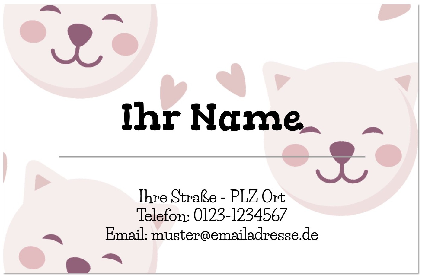 Katzen Smilys Individuell selbst zu gestaltende Visitenkarte mit vielen Schriften, Motiven und Hintergrundvorlagen oder eigene PDF Datei hochladen.