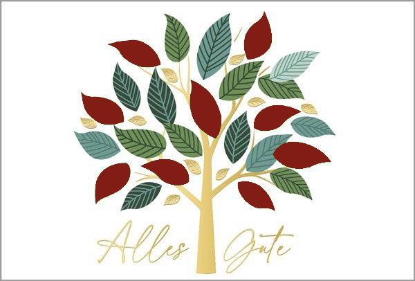 Weiße Glückwunschkarte "Lebensbaum" mit Stanzung, Goldfolienprägung und Einlegeblatt in bordeaux