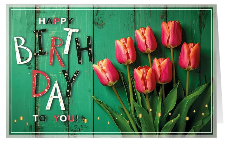 Glückwunschkarte zum Geburtstag "Frühlingsgruß" mit roten Tulpen und Geburtstagsgruß