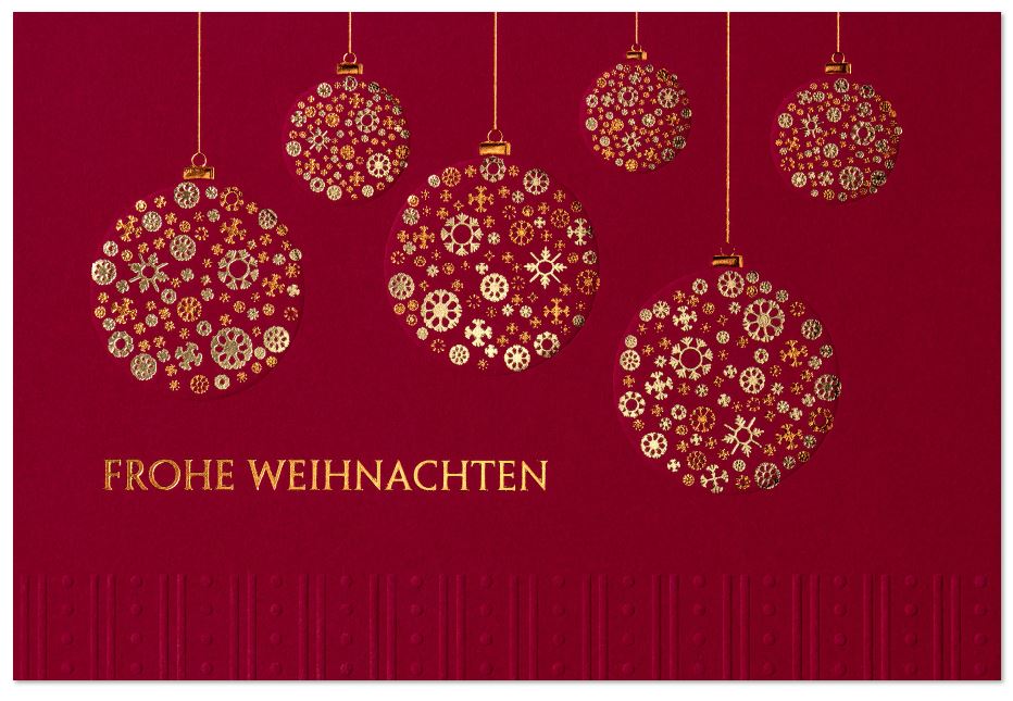 Festliches Weihnachtskarte in Rot mit hängenden Weihnachtskugeln und Gruß "Frohe Weihnachten"