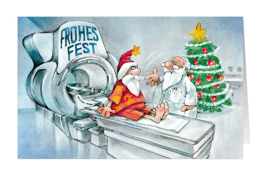 Witzige Weihnachtskarte "Frohes Fest und klare Bilder" für Radiologen, Strahlentherapie, Orthopädie, Nuklearmedizin