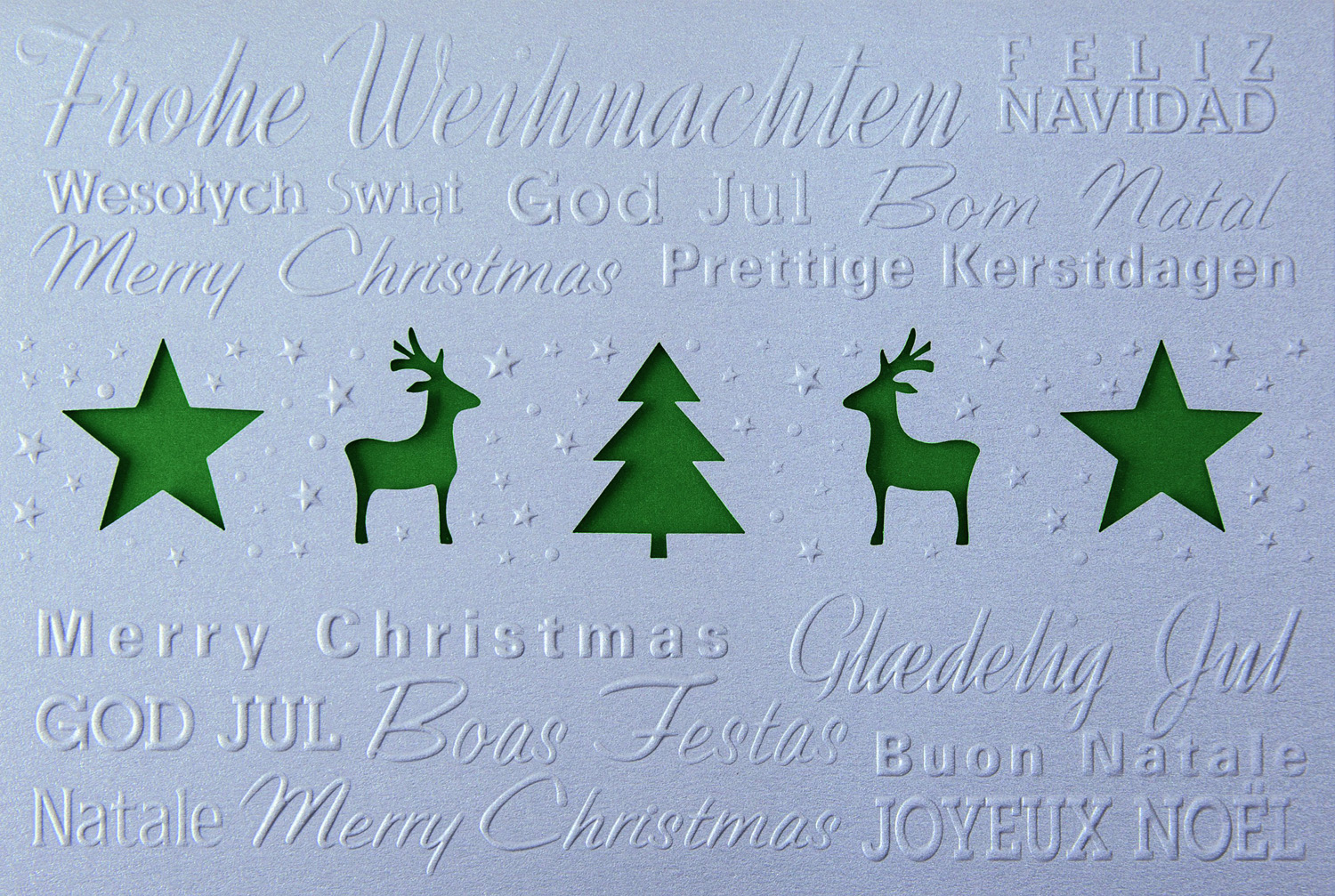 Silbergraue Weihnachtskarte mit dunkelgrünem Falteinleger