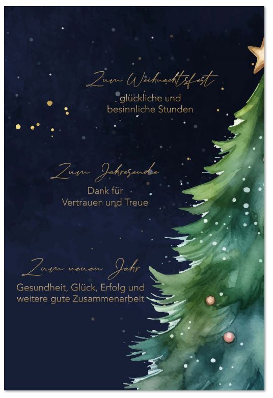 Firmenweihnachtskarte in Dunkelblau mit Weihnachtsbaum und geschäftlichen Grüßen sowie Dank