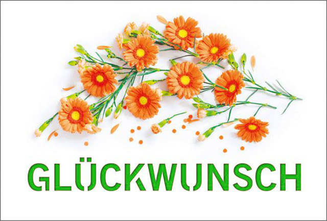 Sommerliche Glückwunschkarte mit orangefarbenen Gerberas und "Glückwunsch", Einleger grün