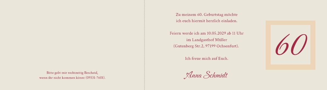 Dunkelrote Einladungskarte zum 60. Geburtstag mit Relief und Blumenornament, DIN lang