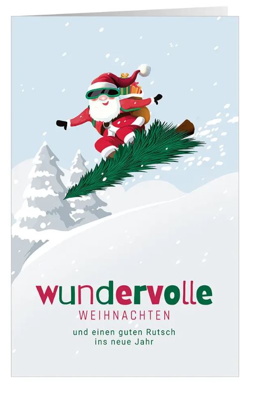 Spritzige Weihnachtskarte "Snowboard Fun" mit dem Weihnachtsmann auf der Skipiste und weihnachtlichem Gruß