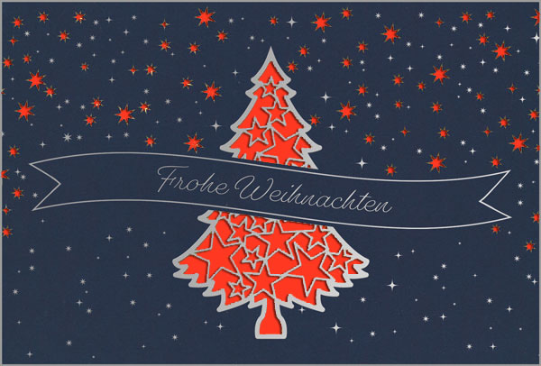 Edle Weihnachtskarte in blau mit „Frohe Weihnachten“ in silber, Laserstanzung und Einleger in rot