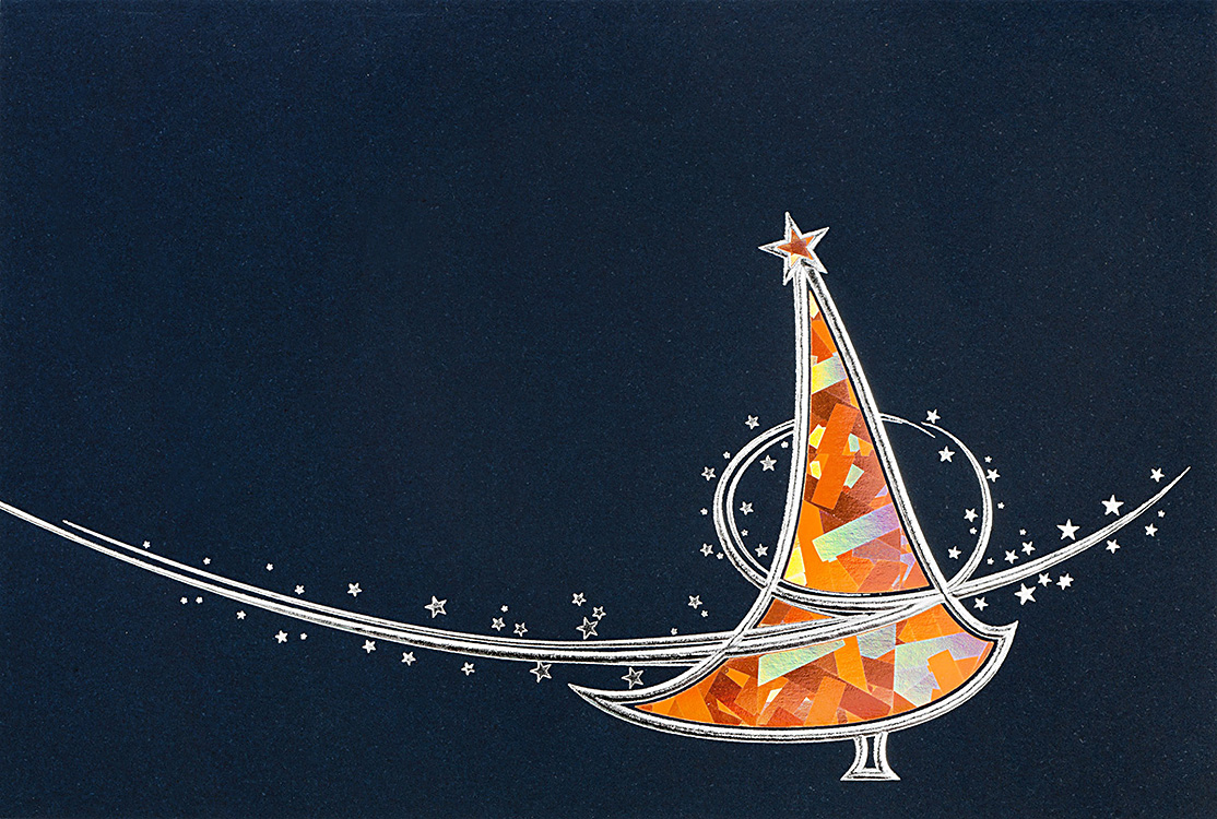 Weihnachtskarte nachtblau mit kupferfarbener Holographiefolie