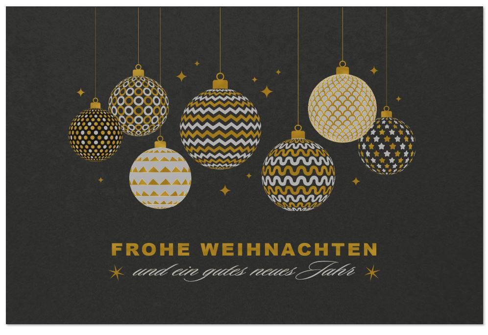 Edle Weihnachtskarte in schwarz mit Gold- und Silberfolienprägung von Weihnachtskugeln und Gruß, inkl. Einlegeblatt