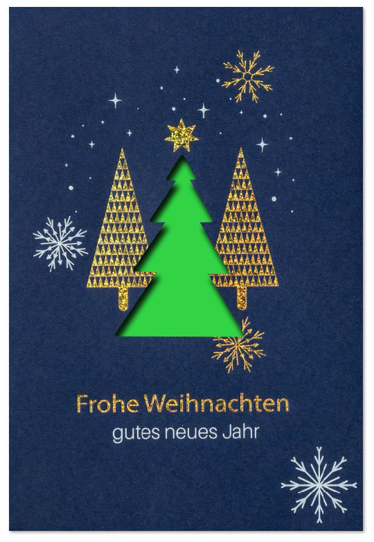 Stanz-Weihnachtskarte blau mit Weiß- und Goldfolienprägung, Motiv: Weihnachtsbäume, Eiskristalle und Gruß, Einleger hellgrün