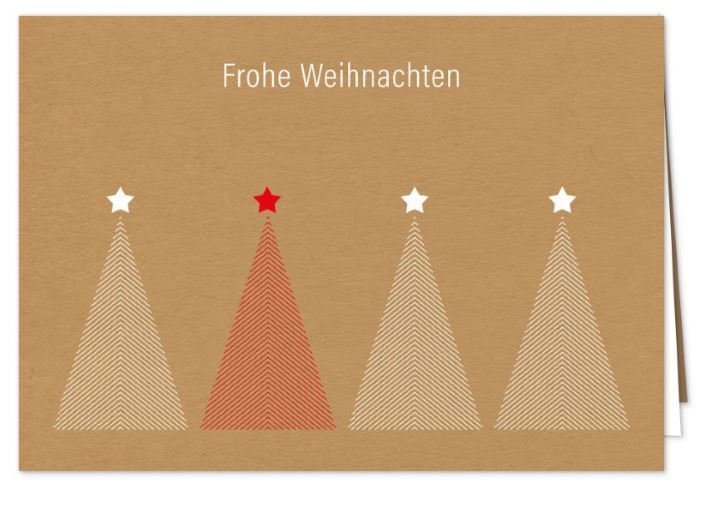 Weihnachtskarte aus braunem Kraftkarton mit weißem Einlegeblatt und Foliendruck in Rot und Weiß