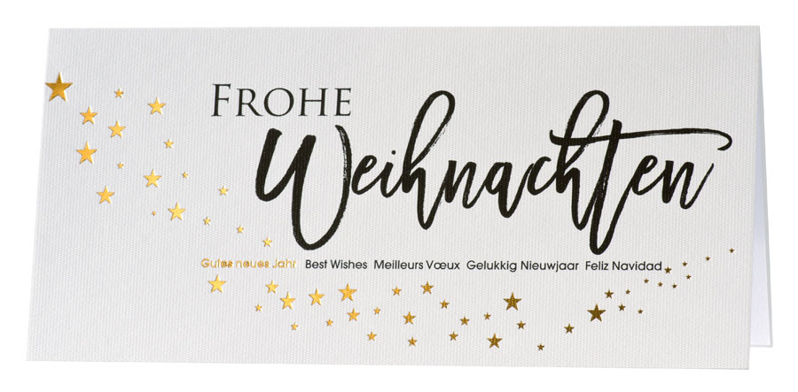 Festtagskarte weiß Frohe Weihnachten Gutes neues Jahr goldene Sterne und internationale Grüße