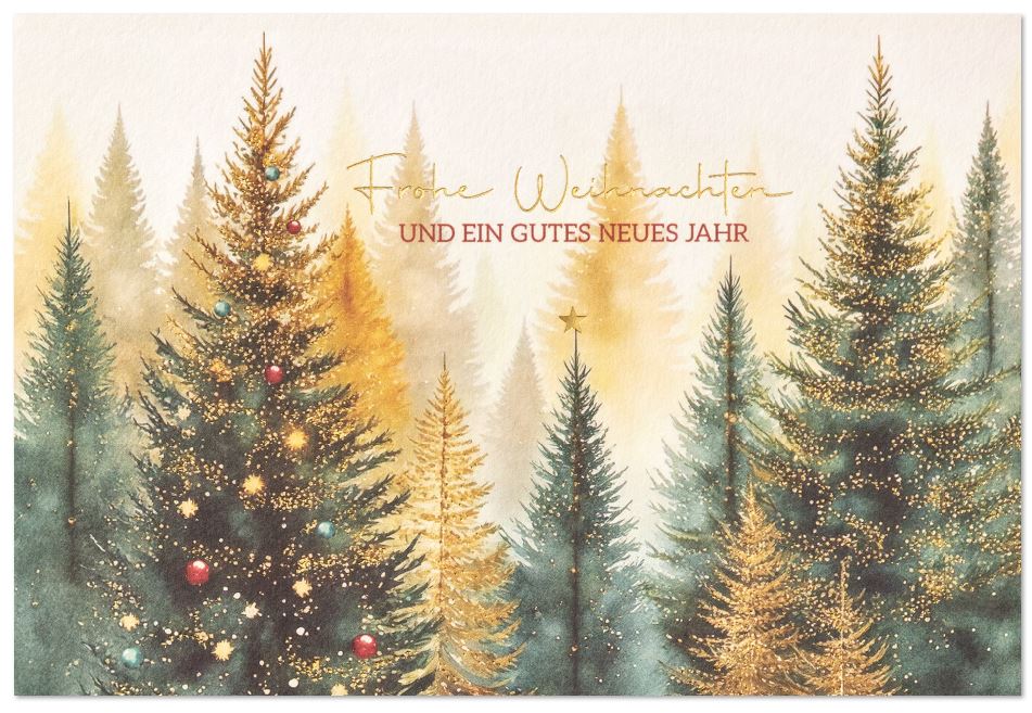 Weihnachtskarte mit dichtem Tannenwald und Goldfolien-Veredelung sowie weihnachtlichen Grüßen