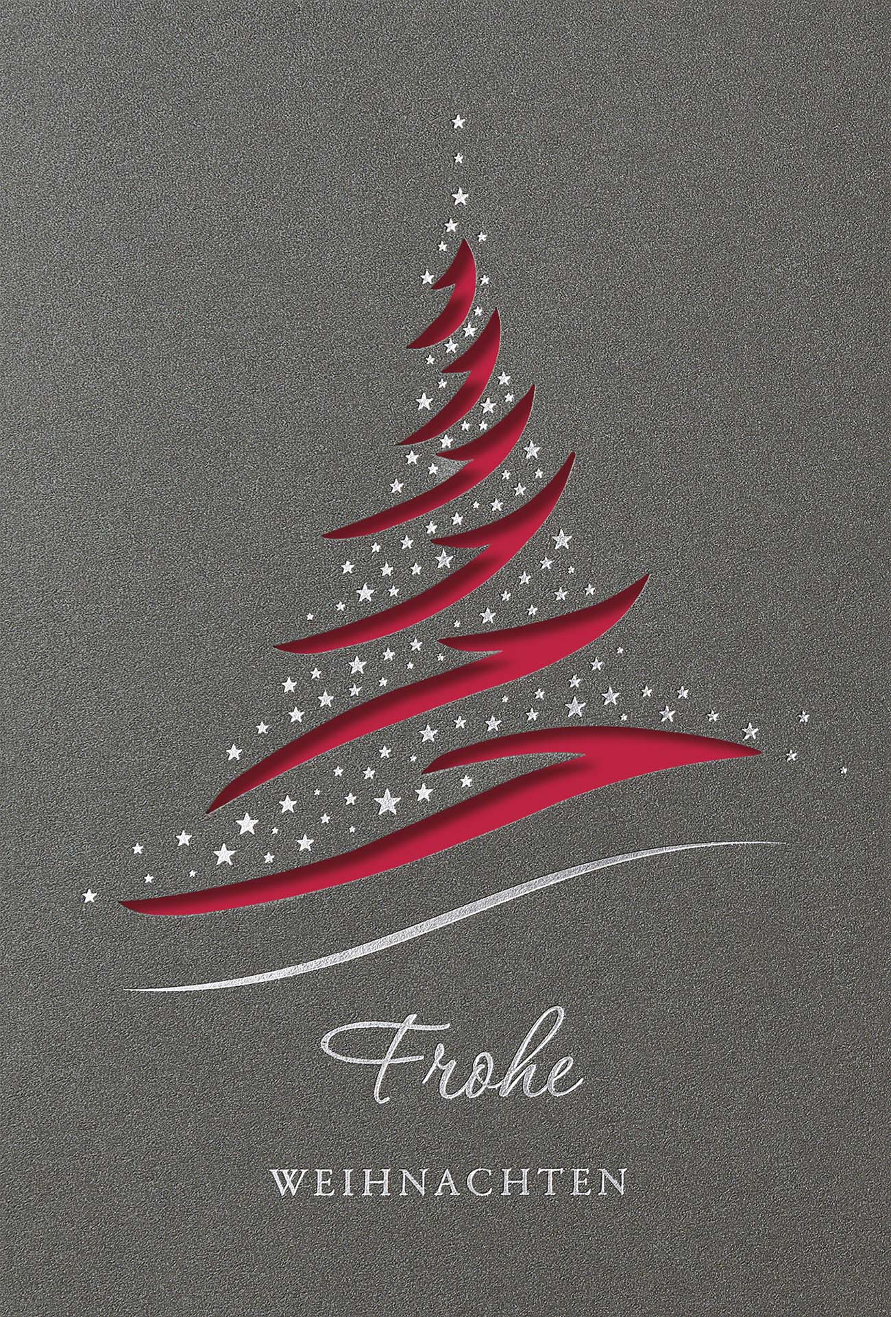 Dunkelgraue Weihnachtskarte mit filigraner Laserstanzung eines Baumes und rotem Einleger