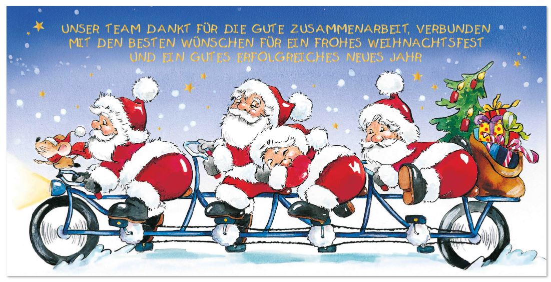Lustige Firmen-Weihnachtskarte „Team Power“ mit fröhlichem Tandem-Motiv und Weihnachtsmänner, DIN lang
