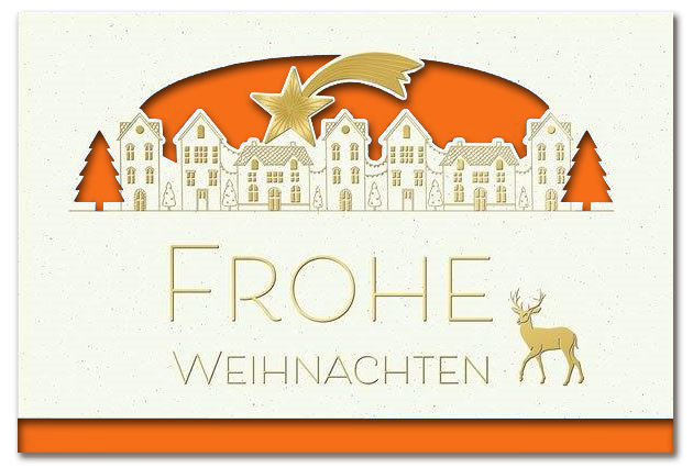 Weiße Festtagskarte "Weihnachtszauber" mit Formstanzung, Goldprägung und Einlegeblatt in orange