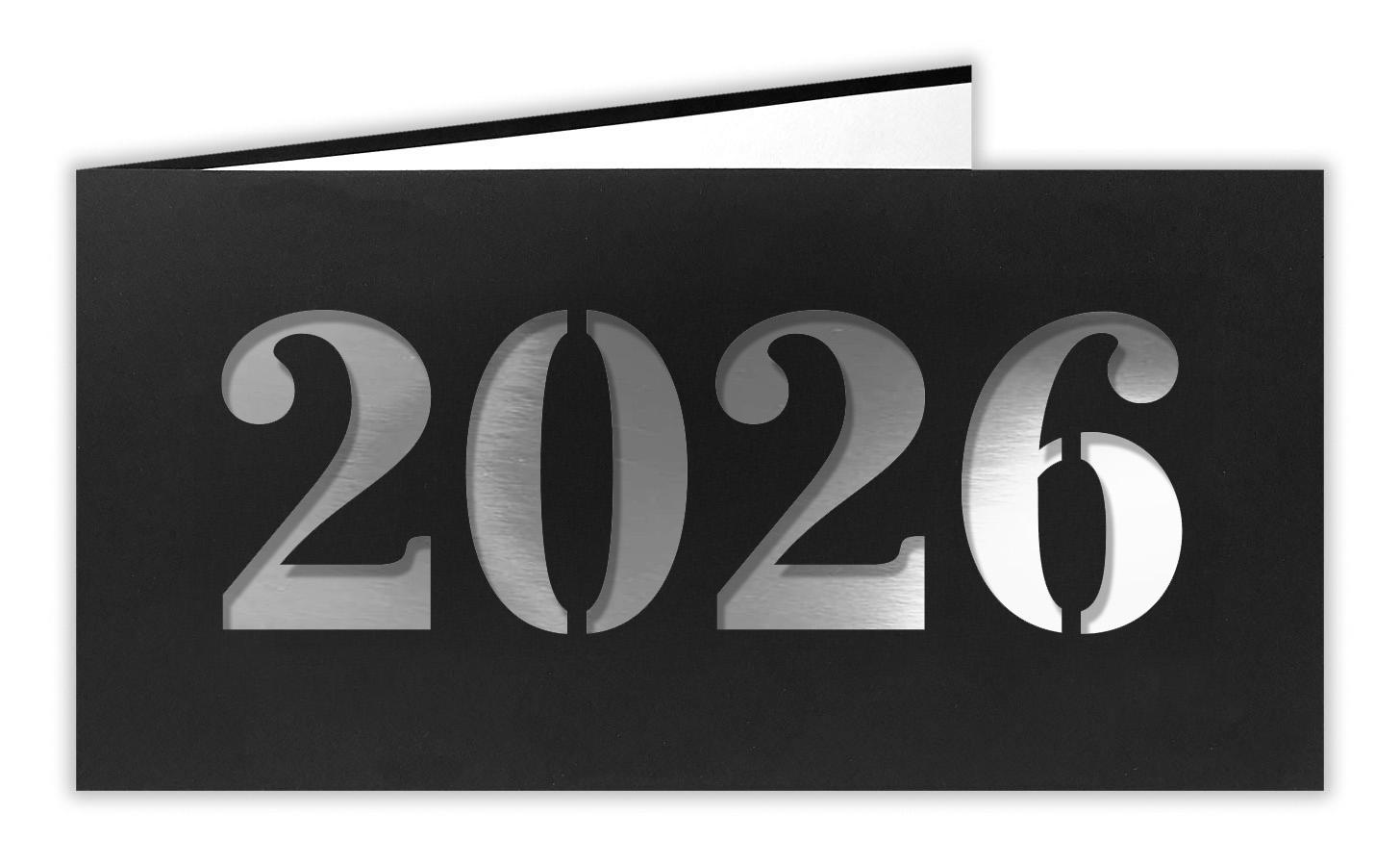 Neujahrskarte schwarz mit Laserstanzung 2026 und silbernem Einlegeblatt