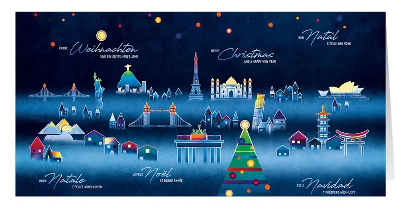 Internationale Weihnachtskarte "Christmas around the World" DIN lang mit bekannten Sehenwürdigkeiten
