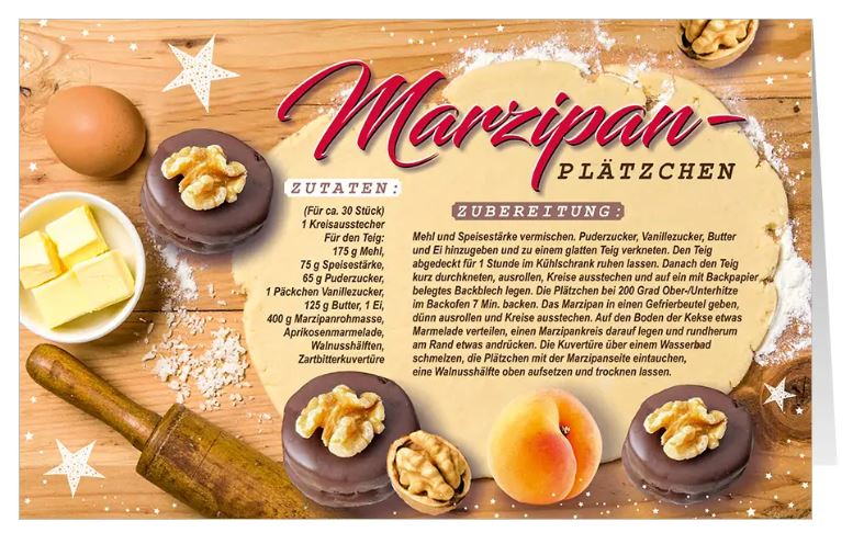 Rezept-Weihnachtskarte "Süße Backstube" mit Zutatenliste und Zubereitung für leckere Marzipan-Plätzchen