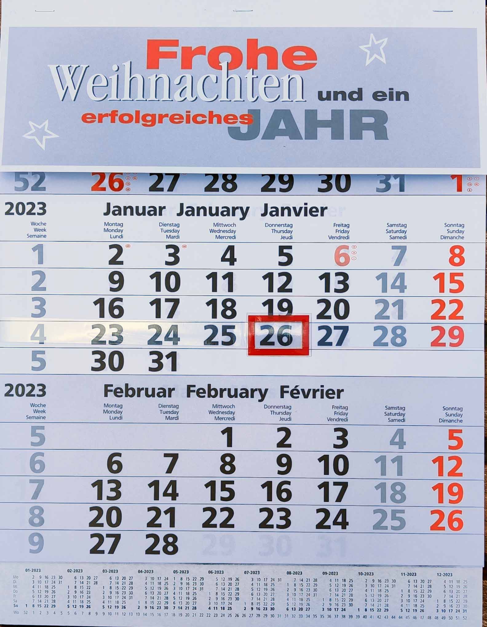 Dreimonats-Kalender 2023 mit Frohe Weihnachten und ein erfolgreiches Jahr