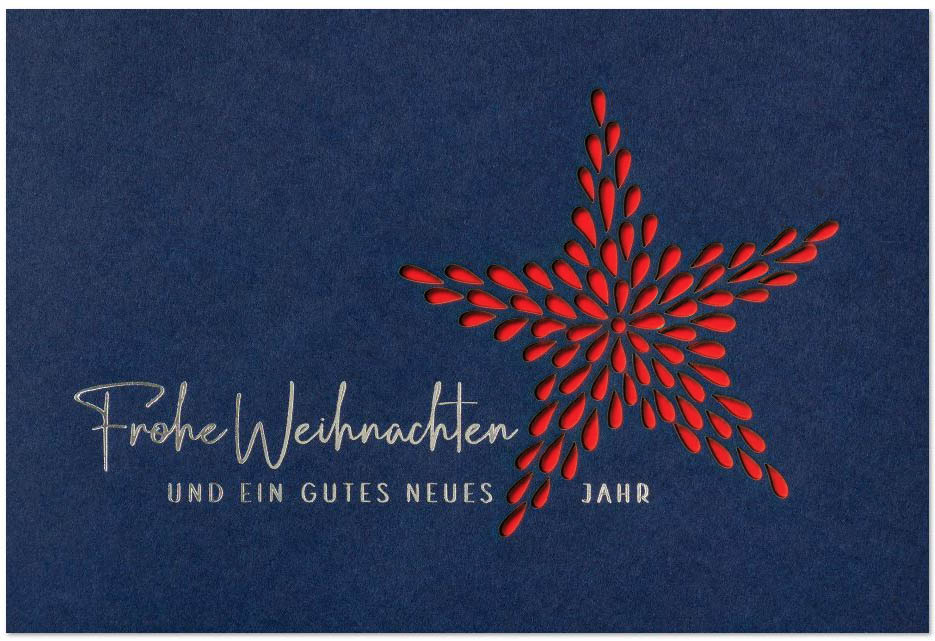 Blaue Laser-Weihnachtskarte mit silberner Prägung und filigraner Laserstanzung eines Sternes, Einleger rot