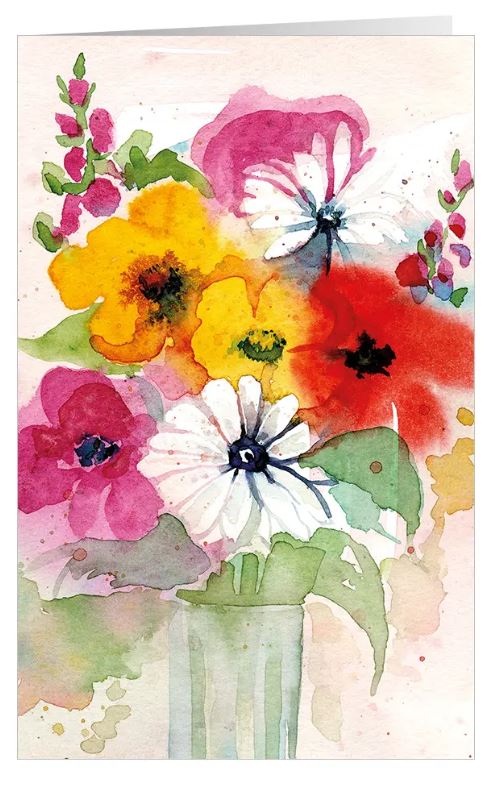 Blumengrusskarte "Blütenzauber" für viele Anlässe mit buntem Blumenstrauß in einer Vase
