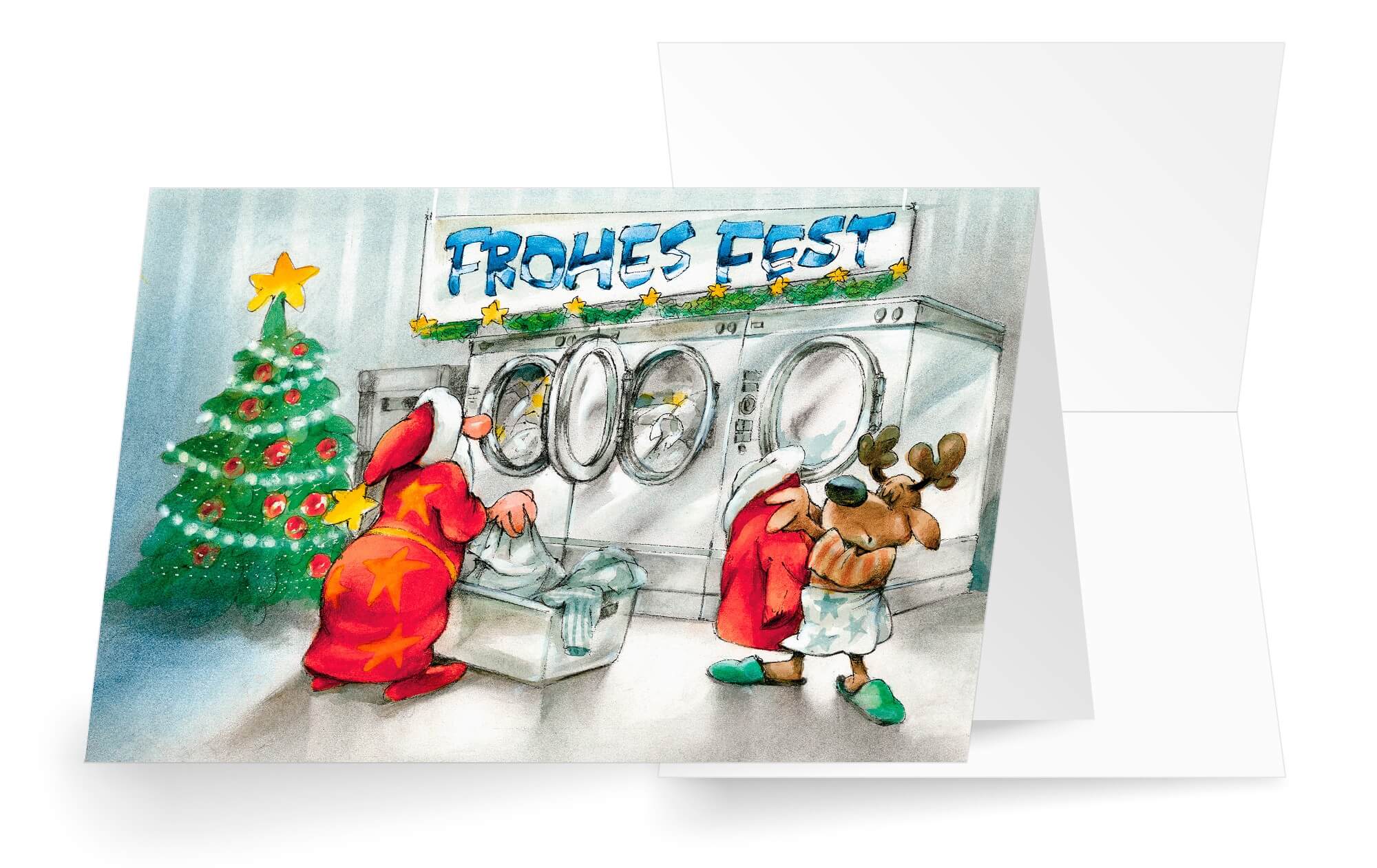 Lustige Branchen-Weihnachtskarte für Reinigung, Wäscherei, Wäsche-Service mit Weihnachtsgruß