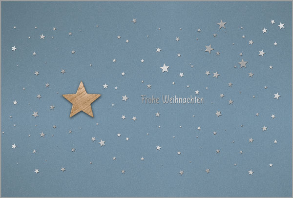 Weihnachtskarte in blau mit Silberfolienprägung und kleinem Stern aus Echtholz | Selbst gestalten